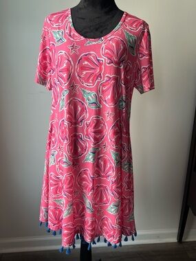 Simply Southern Hot Pink Shell-Print Tassel Hem Mini Dress